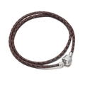 Double-wrap dark brown braided leather bracelet with a cylindrical silver metal clasp - Brown