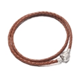 Double-wrap brown woven leather bracelet with silver metallic barrel clasp for charms - Brown