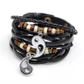 Retro meerlaagse leren armband met Tai Chi Yin Yang hanger en houten kralen - Zwart en Wit Paar