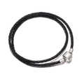 Double-wrap black woven leather bracelet with silver metal snap clasp and textured ends - Black