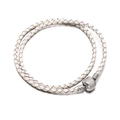 White woven double-wrap leather bracelet with polished silver cylindrical metal clasp - White