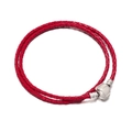 Double-wrap red braided leather bracelet featuring a polished silver metal clasp - Red