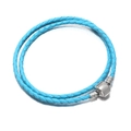 Double-layered braided leather bracelet in sky blue color with silver metal barrel clasp - Blue