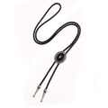 Western bolo tie with black oval gemstone and vintage silver metal trim on leather cord - Antique Silver