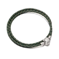 Double-layer braided dark green leather bracelet with silver cylinder metal clasp - Green
