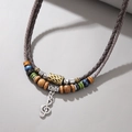 Vintage houten kralenketting met leren koord en zilveren muzieknoot hanger heren - Muzieknoot Stijl (QNN1120)