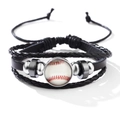 Adjustable multilayer leather baseball bracelet with glow glass cabochon and silver beads - Baseball