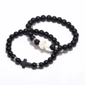 Natural stone cross bracelets with matte and polished obsidian beads for couples - Black and White Set