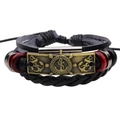 Mehrlagiges Herren-Lederarmband in Schwarz mit bronzenem Schiffsanker und Steuerrad - Bronze