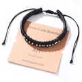 Handmade black leather Morse code BFF bracelet with silver beads on kraft paper card - BFF(#1-BFF)