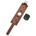 Bracelet de montre large en cuir véritable marron rétro avec rivets et anneaux argentés - Café 38/40MM