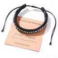 Handcrafted black leather Morse code bracelet with adjustable cord and silver beads - A new chapter(#3-A new chapter)