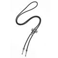 Gothic cross bolo tie with black braided leather cord and silver engraved metal tips - Antique Silver