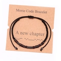 Handmade Morse code bracelet with wood beads on card, minimalist black woven string style - Style 1-A New Chapter