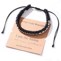 Handmade black leather woven Morse Code bracelet featuring silver beads and card - I am the Storm(#6-I am the Storm)