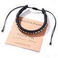 Braided leather Morse code bracelet with silver beads on a vintage kraft card base - I Love You(#7-I Love You)