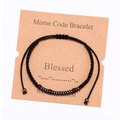 Handmade Morse code bracelet with black stone and red wooden beads on a display card - Style 4-Blessed