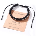 Morse code black leather woven bracelet with silver beads on a display card - FUCK OFF(#8-FUCK OFF)