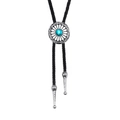 Western Bolo Tie with vintage sunflower turquoise center and black braided cord on white back - Blue Turquoise