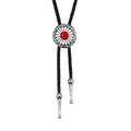 Vintage western bolo tie with silver sunflower pendant and red stone on black woven cord - Red Howlite