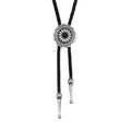 Vintage western bolo tie featuring black woven cord with floral silver slider and black stone - Red