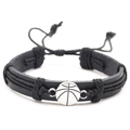Pulsera ajustable de cuero trenzado negro con dije de baloncesto plateado para hombre - Baloncesto - Negro