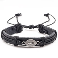 Bracelet en cuir tressé noir avec breloque argentée en forme de ballon de rugby - Rugby - Noir