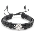 Pulsera ajustable de cuero trenzado negro con un dije plateado de pelota de voleibol - Voleibol-Negro