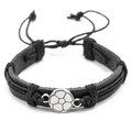 Pulsera ajustable de cuero trenzado negro con un dije de balón de fútbol plateado - Fútbol-Negro