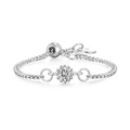 Elegant S925 sterling silver chain ring with sunflower shaped cubic zirconia setting - Adjustable Open / Platinum (Silver Color)