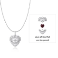 S925 sterling silver heart locket necklace with vintage floral relief and red gem - Silver