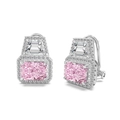 S925 sterling silver halo earrings with pink radiant cut stone and trapezoid crystal - Double Main Stone Ice Cut Earrings (DY110363) / White Gold