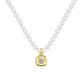 French style S925 silver pearl necklace with irregular square gold pendant and crystal - 925 Silver / Gold