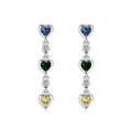 Elegant S925 silver dangling earrings featuring three colorful heart-shaped zircons - Triple Heart Colored Rhinestone Earrings (DY110401) / White Gold