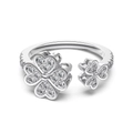 S925 sterling silver four-leaf clover open ring with sparkling zirconia stones - Four-Leaf Clover Open Ring (DY121285) / White Gold