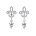 Silver fleur-de-lis earrings featuring white crystals and pear-shaped drop pendants - White Gold