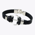 Bracelet double en cuir noir avec fermoir ancre en métal argenté poli nautique - Noir