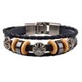 Retro multilayer black leather bracelet with carved metal charms and wood rings - Black