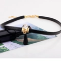 Modern black leather choker with gold claw-set crystal and water drop pendant - Black