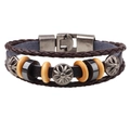 Retro multi-layer leather bracelet with sunflower metal charms and wooden beads - Coffee