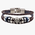 Bracciale punk in pelle con teschio d'argento, perle blu scuro e corda intrecciata - caffè
