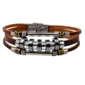 Multilayer leather bracelet with black hematite beads and stainless steel clasp - Brown