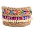 Bohemian meerlagige handgeweven armbandset met regenboog wastouw en houten kralen - Houten Kralen Hennep Touw Waskoord