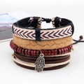 Set bracciali in pelle multistrato stile Boho con perline e ciondolo Mano di Fatima - Stile Intrecciato Multistrato Mano di Fatima