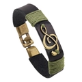 Vintage Lederarmband mit Notenschlüssel aus Bronze und grünem Geflecht im Retro-Stil - Schwarzes Leder + Antik-Bronze