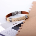 Vintage multilayer braided brown leather and cotton cord bracelet for men with metal accents - Brown