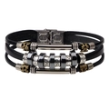 Men's multilayer black leather bracelet with hematite beads and stainless steel clasp - Black