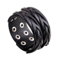 Bracelet punk en cuir noir tressé multicouche avec des rivets métalliques de réglage - Noir