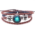 Retro multi-layer braided leather Pisces zodiac sign bracelet with vintage glass charm - Pisces Brown