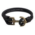 Men's retro black braided leather bracelet with bronze anchor metal clasp - Black Leather + Antique Bronze
